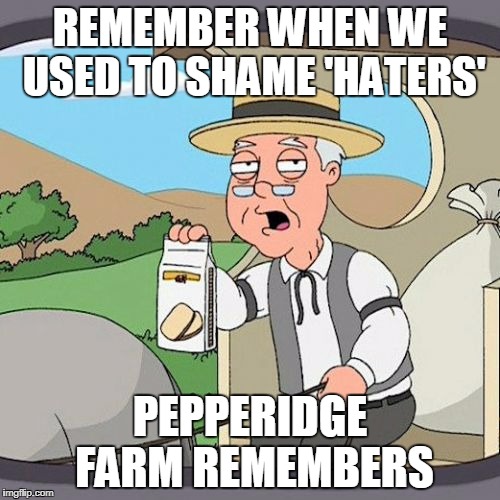 Pepperidge Farm Remembers | REMEMBER WHEN WE USED TO SHAME 'HATERS'; PEPPERIDGE FARM REMEMBERS | image tagged in memes,pepperidge farm remembers | made w/ Imgflip meme maker