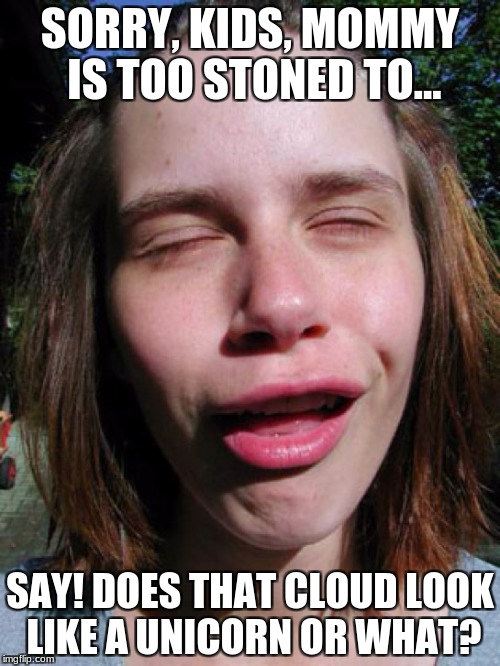 SORRY, KIDS, MOMMY IS TOO STONED TO... SAY! DOES THAT CLOUD LOOK LIKE A UNICORN OR WHAT? | made w/ Imgflip meme maker