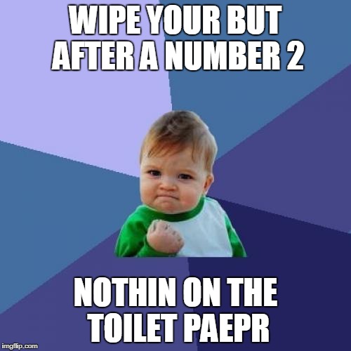 Success Kid | WIPE YOUR BUT AFTER A NUMBER 2; NOTHIN ON THE TOILET PAEPR | image tagged in memes,success kid | made w/ Imgflip meme maker