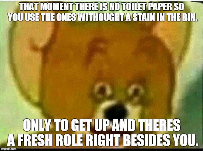 Jerry  | THAT MOMENT THERE IS NO TOILET PAPER SO YOU USE THE ONES WITHOUGHT A STAIN IN THE BIN, ONLY TO GET UP AND THERES A FRESH ROLE RIGHT BESIDES YOU. | image tagged in jerry | made w/ Imgflip meme maker