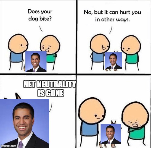 does your dog bite | NET NEUTRALITY IS GONE | image tagged in does your dog bite,memes,net neutrality | made w/ Imgflip meme maker