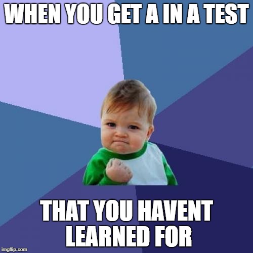 Success Kid Meme | WHEN YOU GET A IN A TEST; THAT YOU HAVENT LEARNED FOR | image tagged in memes,success kid | made w/ Imgflip meme maker