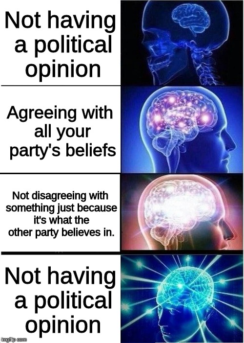 Expanding Brain | Not having a political opinion; Agreeing with all your party's beliefs; Not disagreeing with something just because it's what the other party believes in. Not having a political opinion | image tagged in memes,expanding brain | made w/ Imgflip meme maker