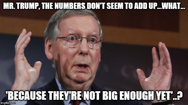 Mitch McConnell meme | MR. TRUMP, THE NUMBERS DON'T SEEM TO ADD UP...WHAT... 'BECAUSE THEY'RE NOT BIG ENOUGH YET'..? | image tagged in mitch mcconnell meme | made w/ Imgflip meme maker