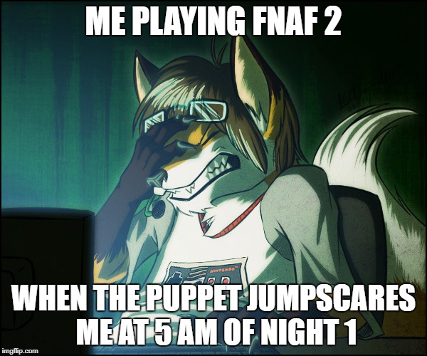 Furry facepalm | ME PLAYING FNAF 2; WHEN THE PUPPET JUMPSCARES ME AT 5 AM OF NIGHT 1 | image tagged in furry facepalm | made w/ Imgflip meme maker