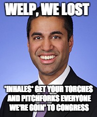 Ajit Pai | WELP, WE LOST; *INHALES* GET YOUR TORCHES AND PITCHFORKS EVERYONE WE'RE GOIN' TO CONGRESS | image tagged in ajit pai | made w/ Imgflip meme maker