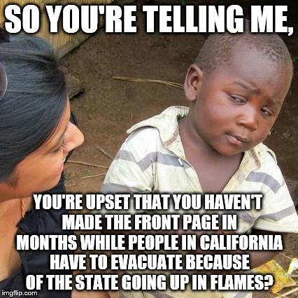 I'm sorry, it's true. | SO YOU'RE TELLING ME, YOU'RE UPSET THAT YOU HAVEN'T MADE THE FRONT PAGE IN MONTHS WHILE PEOPLE IN CALIFORNIA HAVE TO EVACUATE BECAUSE OF THE STATE GOING UP IN FLAMES? | image tagged in memes,third world skeptical kid | made w/ Imgflip meme maker