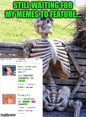 Not sure why these didn't feature....  | STILL WAITING FOR MY MEMES TO FEATURE.... | image tagged in memes,waiting skeleton | made w/ Imgflip meme maker