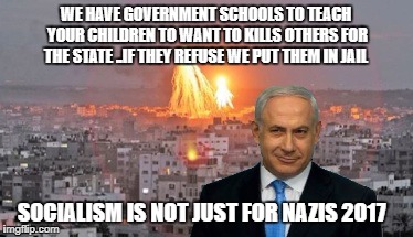 Bibi phosphorus | WE HAVE GOVERNMENT SCHOOLS TO TEACH YOUR CHILDREN TO WANT TO KILLS OTHERS FOR THE STATE ..IF THEY REFUSE WE PUT THEM IN JAIL; SOCIALISM IS NOT JUST FOR NAZIS 2017 | image tagged in bibi phosphorus | made w/ Imgflip meme maker
