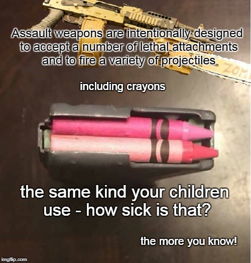 Everytown Assault Weapon | Assault weapons are intentionally designed to accept a number of lethal attachments and to fire a variety of projectiles; including crayons; the same kind your children use - how sick is that? the more you know! | image tagged in assault weapon,everytown for gun safety,firearms | made w/ Imgflip meme maker