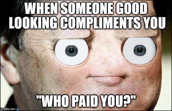 WHEN SOMEONE GOOD LOOKING COMPLIMENTS YOU; "WHO PAID YOU?" | image tagged in relatable | made w/ Imgflip meme maker