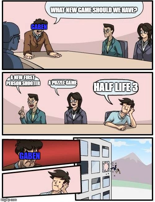 Boardroom Meeting Suggestion | WHAT NEW GAME SHOULD WE HAVE? GABEN; A NEW FIRST PERSON SHOOTER; A PUZZLE GAME; HALF LIFE 3; GABEN | image tagged in memes,boardroom meeting suggestion | made w/ Imgflip meme maker