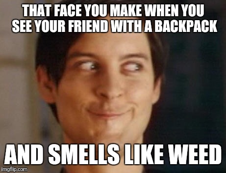 Spiderman Peter Parker | THAT FACE YOU MAKE WHEN YOU SEE YOUR FRIEND WITH A BACKPACK; AND SMELLS LIKE WEED | image tagged in memes,spiderman peter parker | made w/ Imgflip meme maker