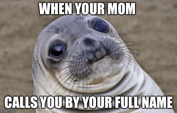Awkward Moment Sealion Meme | WHEN YOUR MOM; CALLS YOU BY YOUR FULL NAME | image tagged in memes,awkward moment sealion | made w/ Imgflip meme maker