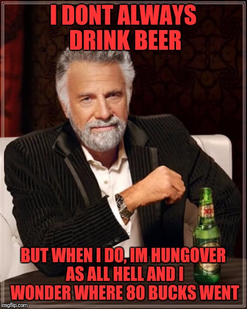The Most Interesting Man In The World | I DONT ALWAYS DRINK BEER; BUT WHEN I DO, IM HUNGOVER AS ALL HELL AND I WONDER WHERE 80 BUCKS WENT | image tagged in memes,the most interesting man in the world | made w/ Imgflip meme maker