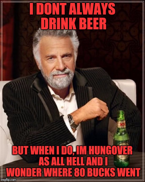 The Most Interesting Man In The World Meme | I DONT ALWAYS DRINK BEER; BUT WHEN I DO, IM HUNGOVER AS ALL HELL AND I WONDER WHERE 80 BUCKS WENT | image tagged in memes,the most interesting man in the world | made w/ Imgflip meme maker