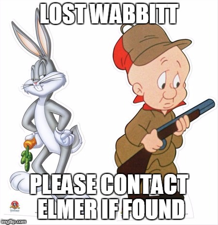 Bugs Bunny Elmer Fudd | LOST WABBITT; PLEASE CONTACT ELMER IF FOUND | image tagged in bugs bunny elmer fudd | made w/ Imgflip meme maker