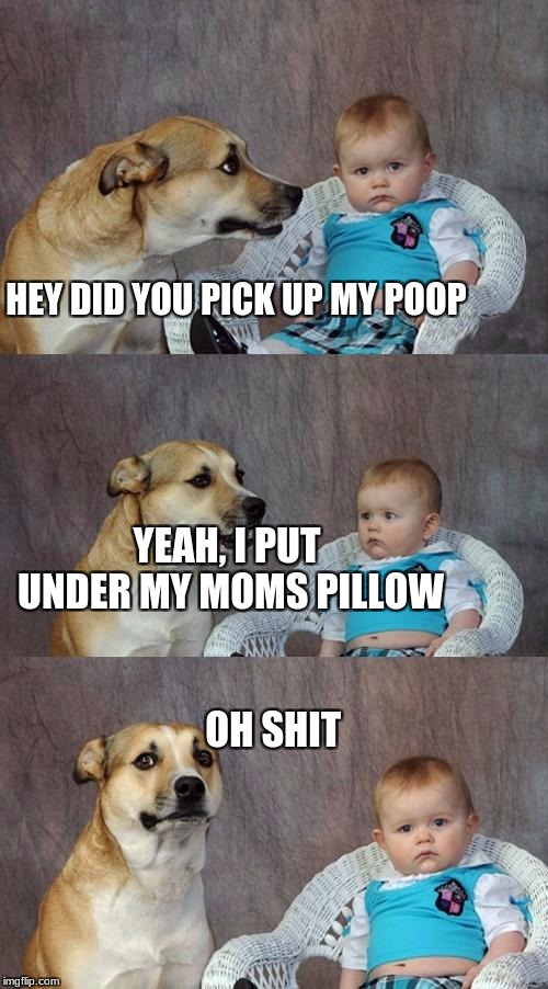 Dad Joke Dog Meme | HEY DID YOU PICK UP MY POOP; YEAH, I PUT UNDER MY MOMS PILLOW                                    OH SHIT | image tagged in memes,dad joke dog | made w/ Imgflip meme maker