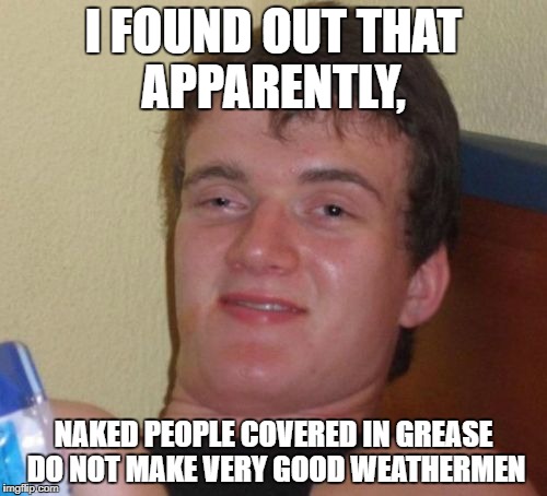 10 Guy Meme | I FOUND OUT THAT APPARENTLY, NAKED PEOPLE COVERED IN GREASE DO NOT MAKE VERY GOOD WEATHERMEN | image tagged in memes,10 guy | made w/ Imgflip meme maker