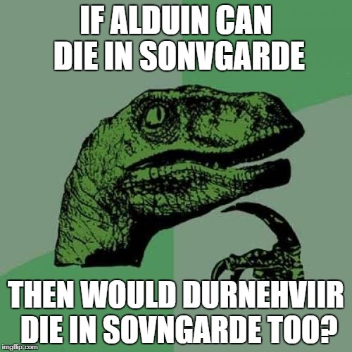 Philosoraptor | IF ALDUIN CAN DIE IN SONVGARDE; THEN WOULD DURNEHVIIR DIE IN SOVNGARDE TOO? | image tagged in memes,philosoraptor | made w/ Imgflip meme maker
