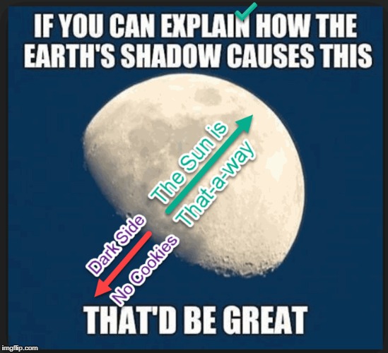 The Sun is That-a-Way. | image tagged in flat earth,explained,dark side,no cookies | made w/ Imgflip meme maker