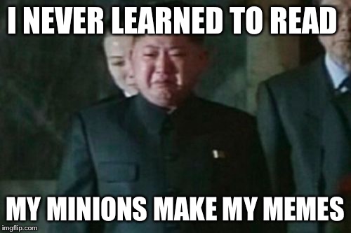 Kim Jong Un Sad Meme | I NEVER LEARNED TO READ; MY MINIONS MAKE MY MEMES | image tagged in memes,kim jong un sad | made w/ Imgflip meme maker