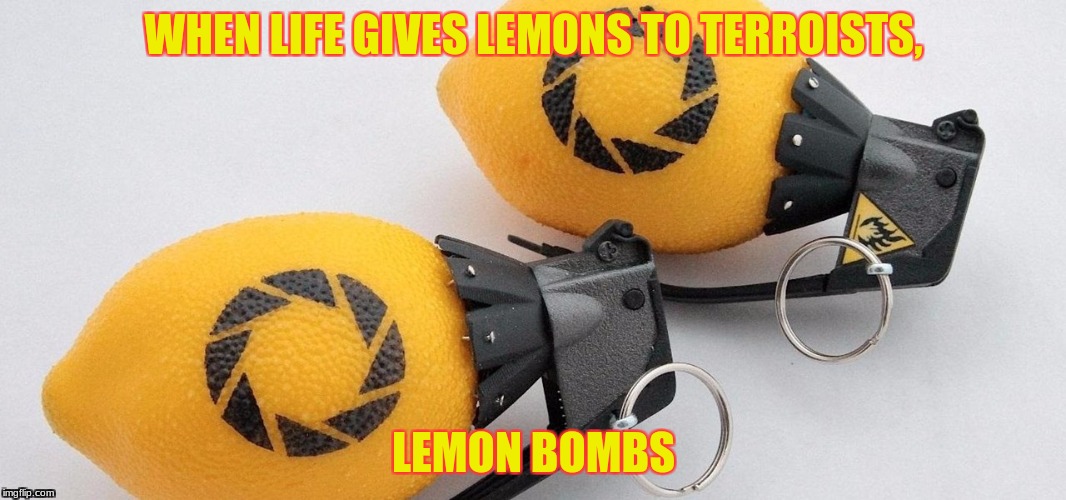 life should be careful who it gives lemons | WHEN LIFE GIVES LEMONS TO TERROISTS, LEMON BOMBS | image tagged in lemons,bomb | made w/ Imgflip meme maker