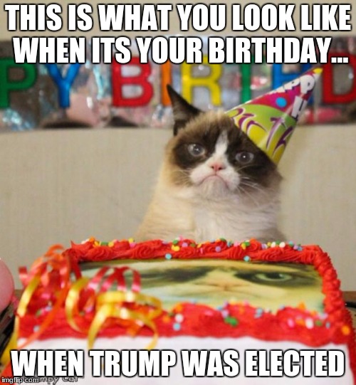 Grumpy Cat Birthday Meme | THIS IS WHAT YOU LOOK LIKE WHEN ITS YOUR BIRTHDAY... WHEN TRUMP WAS ELECTED | image tagged in memes,grumpy cat birthday,grumpy cat | made w/ Imgflip meme maker