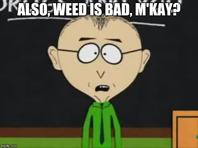 Mr Mackey | ALSO, WEED IS BAD, M'KAY? | image tagged in mr mackey | made w/ Imgflip meme maker