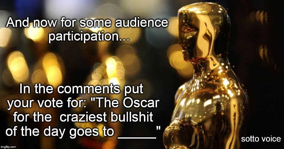 And now for some audience participation... In the comments put your vote for: "The Oscar for the  craziest bullshit of the day goes to _____"; sotto voice | image tagged in oscar | made w/ Imgflip meme maker