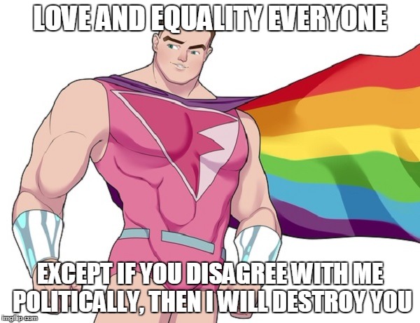 Super gay! | LOVE AND EQUALITY EVERYONE; EXCEPT IF YOU DISAGREE WITH ME POLITICALLY, THEN I WILL DESTROY YOU | image tagged in super gay | made w/ Imgflip meme maker