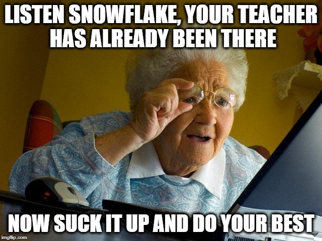 Grandma Finds The Internet Meme | LISTEN SNOWFLAKE, YOUR TEACHER HAS ALREADY BEEN THERE NOW SUCK IT UP AND DO YOUR BEST | image tagged in memes,grandma finds the internet | made w/ Imgflip meme maker