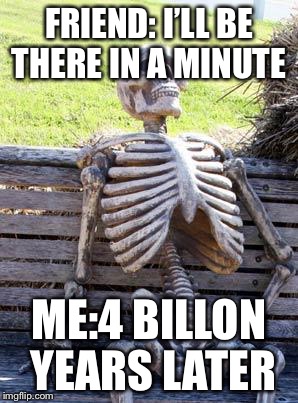 Waiting Skeleton Meme | FRIEND: I’LL BE THERE IN A MINUTE; ME:4 BILLON YEARS LATER | image tagged in memes,waiting skeleton | made w/ Imgflip meme maker