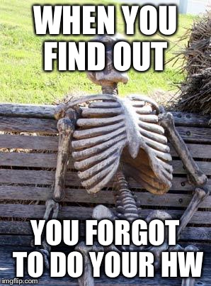 Waiting Skeleton Meme | WHEN YOU FIND OUT; YOU FORGOT TO DO YOUR HW | image tagged in memes,waiting skeleton | made w/ Imgflip meme maker