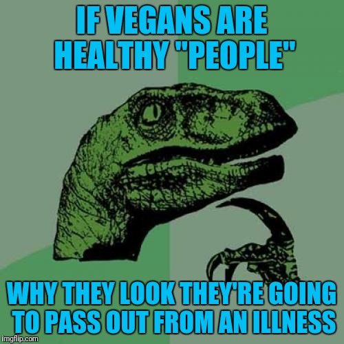 You feeling alright? | IF VEGANS ARE HEALTHY "PEOPLE"; WHY THEY LOOK THEY'RE GOING TO PASS OUT FROM AN ILLNESS | image tagged in memes,philosoraptor | made w/ Imgflip meme maker