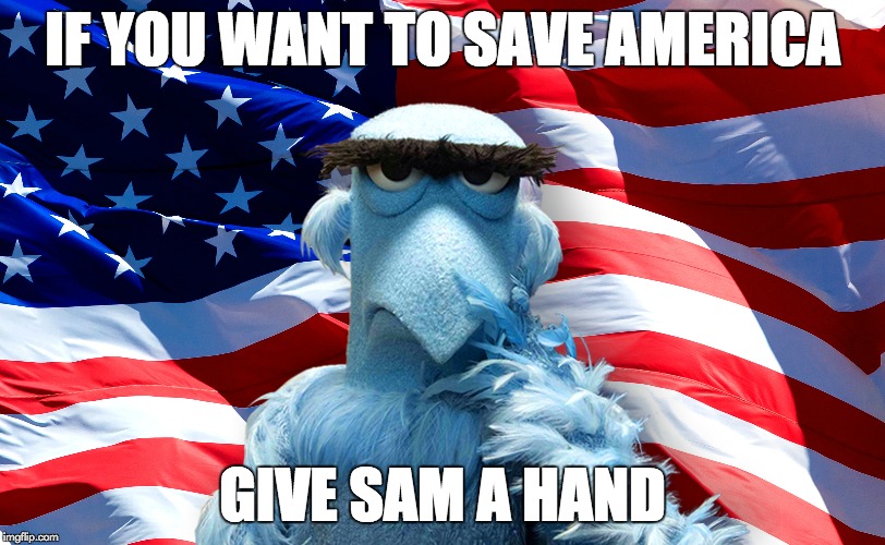 Give Him A Hand | IF YOU WANT TO SAVE AMERICA; GIVE SAM A HAND | image tagged in america,politics,muppets | made w/ Imgflip meme maker