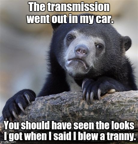 Confession Bear Meme | The transmission went out in my car. You should have seen the looks I got when I said I blew a tranny. | image tagged in memes,confession bear | made w/ Imgflip meme maker