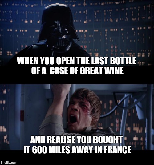 Star Wars No Meme | WHEN YOU OPEN THE LAST BOTTLE OF A  CASE OF GREAT WINE; AND REALISE YOU BOUGHT IT 600 MILES AWAY IN FRANCE | image tagged in memes,star wars no | made w/ Imgflip meme maker