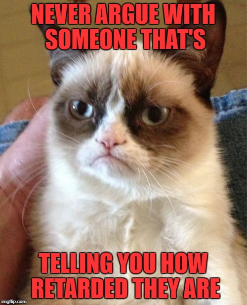 Grumpy Cat Meme | NEVER ARGUE WITH SOMEONE THAT'S TELLING YOU HOW RETARDED THEY ARE | image tagged in memes,grumpy cat | made w/ Imgflip meme maker