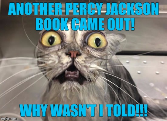 surprised cat |  ANOTHER PERCY JACKSON BOOK CAME OUT! WHY WASN'T I TOLD!!! | image tagged in surprised cat | made w/ Imgflip meme maker