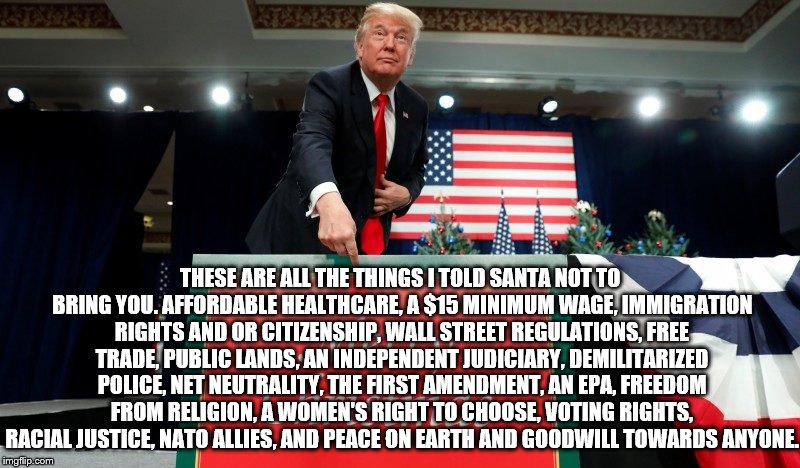 THESE ARE ALL THE THINGS I TOLD SANTA NOT TO BRING YOU. AFFORDABLE HEALTHCARE, A $15 MINIMUM WAGE, IMMIGRATION RIGHTS AND OR CITIZENSHIP, WALL STREET REGULATIONS, FREE TRADE, PUBLIC LANDS, AN INDEPENDENT JUDICIARY, DEMILITARIZED POLICE, NET NEUTRALITY, THE FIRST AMENDMENT, AN EPA, FREEDOM FROM RELIGION, A WOMEN'S RIGHT TO CHOOSE, VOTING RIGHTS, RACIAL JUSTICE, NATO ALLIES, AND PEACE ON EARTH AND GOODWILL TOWARDS ANYONE. | made w/ Imgflip meme maker