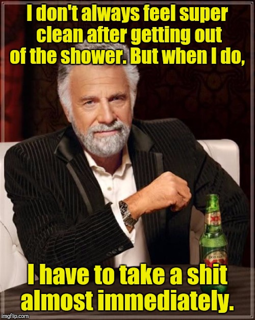 The Most Interesting Man In The World Meme | I don't always feel super clean after getting out of the shower. But when I do, I have to take a shit almost immediately. | image tagged in memes,the most interesting man in the world | made w/ Imgflip meme maker