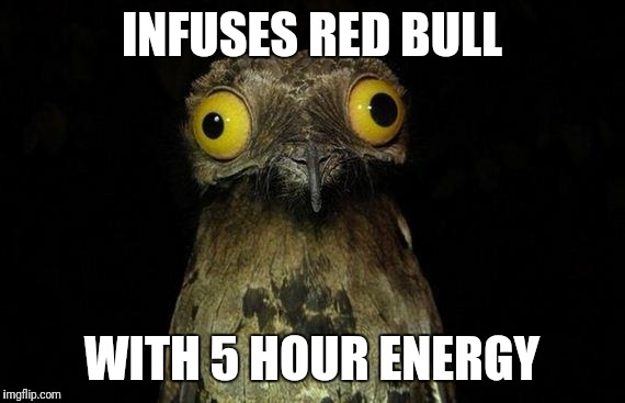 Weird Stuff I Do Potoo Meme | INFUSES RED BULL; WITH 5 HOUR ENERGY | image tagged in memes,weird stuff i do potoo | made w/ Imgflip meme maker