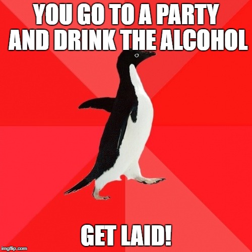 Socially Awesome Penguin |  YOU GO TO A PARTY AND DRINK THE ALCOHOL; GET LAID! | image tagged in memes,socially awesome penguin | made w/ Imgflip meme maker