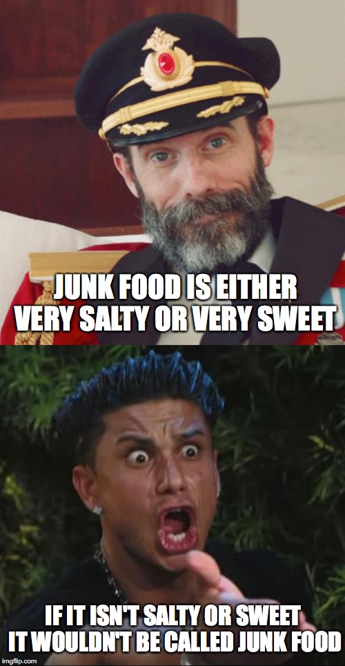 Nonsense said by people #1 | JUNK FOOD IS EITHER VERY SALTY OR VERY SWEET; IF IT ISN'T SALTY OR SWEET IT WOULDN'T BE CALLED JUNK FOOD | image tagged in captain obvious,dj pauly d,junk food,memes,funny memes | made w/ Imgflip meme maker