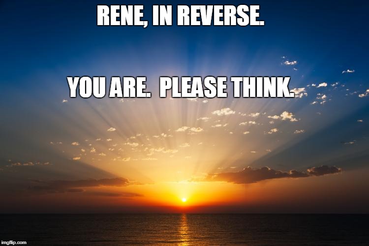 sunrise | RENE, IN REVERSE. YOU ARE.  PLEASE THINK. | image tagged in sunrise | made w/ Imgflip meme maker