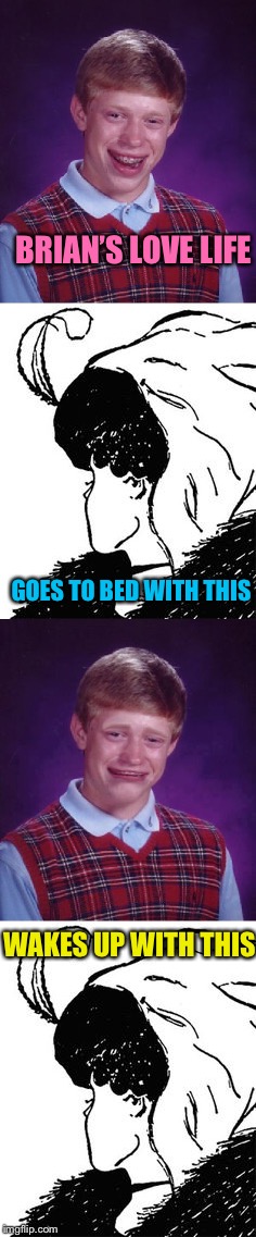Bad Luck Brian’s Love Life | BRIAN’S LOVE LIFE; GOES TO BED WITH THIS; WAKES UP WITH THIS | image tagged in memes,bad luck brian,bad luck brian cry,optical illusion | made w/ Imgflip meme maker