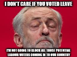 Corbyn - I don't care if you voted leave | I DON'T CARE IF YOU VOTED LEAVE; I'M NOT GOING TO BLOCK ALL THOSE POTENTIAL LABOUR VOTERS COMING IN TO OUR COUNTRY | image tagged in corbyn 'bino' brexit,momentum,party of hate,communist socialist,vote leave | made w/ Imgflip meme maker