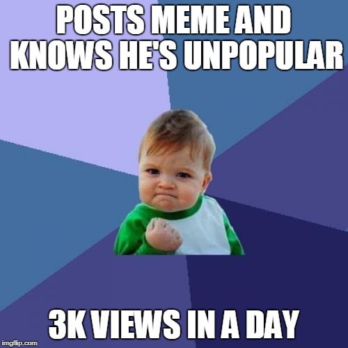 POSTS MEME AND KNOWS HE'S UNPOPULAR 3K VIEWS IN A DAY | image tagged in memes,success kid | made w/ Imgflip meme maker