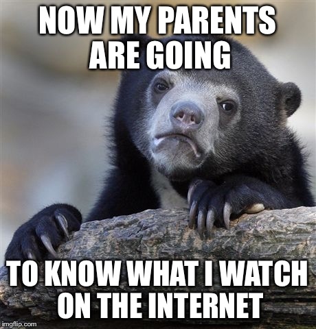 Confession Bear Meme | NOW MY PARENTS ARE GOING; TO KNOW WHAT I WATCH ON THE INTERNET | image tagged in memes,confession bear | made w/ Imgflip meme maker